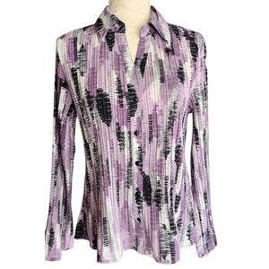 Y2K Apt 9 Petite Large Purple Black Pleated Long Sleeve Blouse Abstract Print